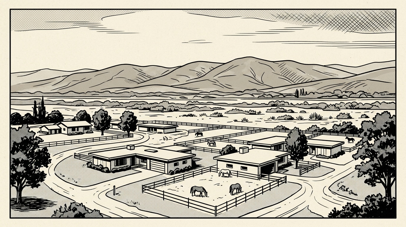 A newsprint-style illustration of a rural Jurupa Valley scene, flat-roofed homes with horse properties and the river bottom.