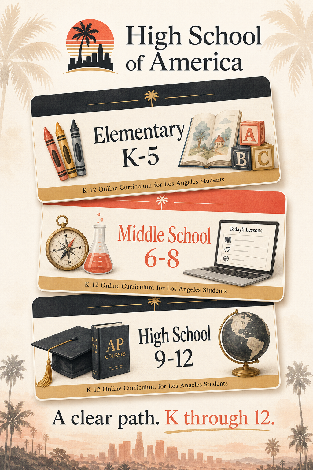 K-12 online curriculum for Los Angeles students covering elementary, middle, and high school subjects