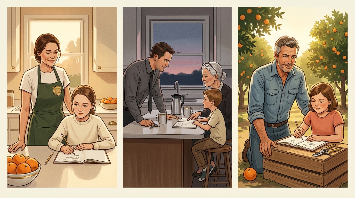 Lakeland K-12 online home school comic strip: end-of-shift Publix mom and her daughter doing schoolwork, pre-dawn I-4 commuter handoff to grandma, and Saturday in the citrus grove
