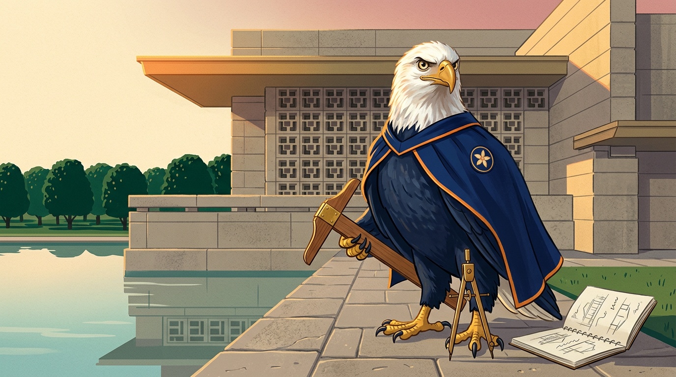 Lakeland K-12 online home school Eagle illustration in front of a Frank Lloyd Wright building at Florida Southern College with citrus groves in the distance