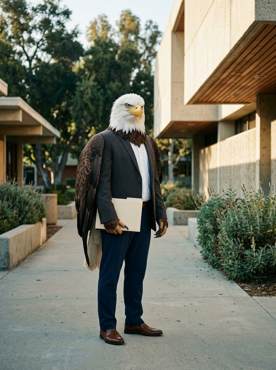 Lakewood K-12 online home school accreditation. Eagle on a mid-century-modern campus walkway at Long Beach City College.