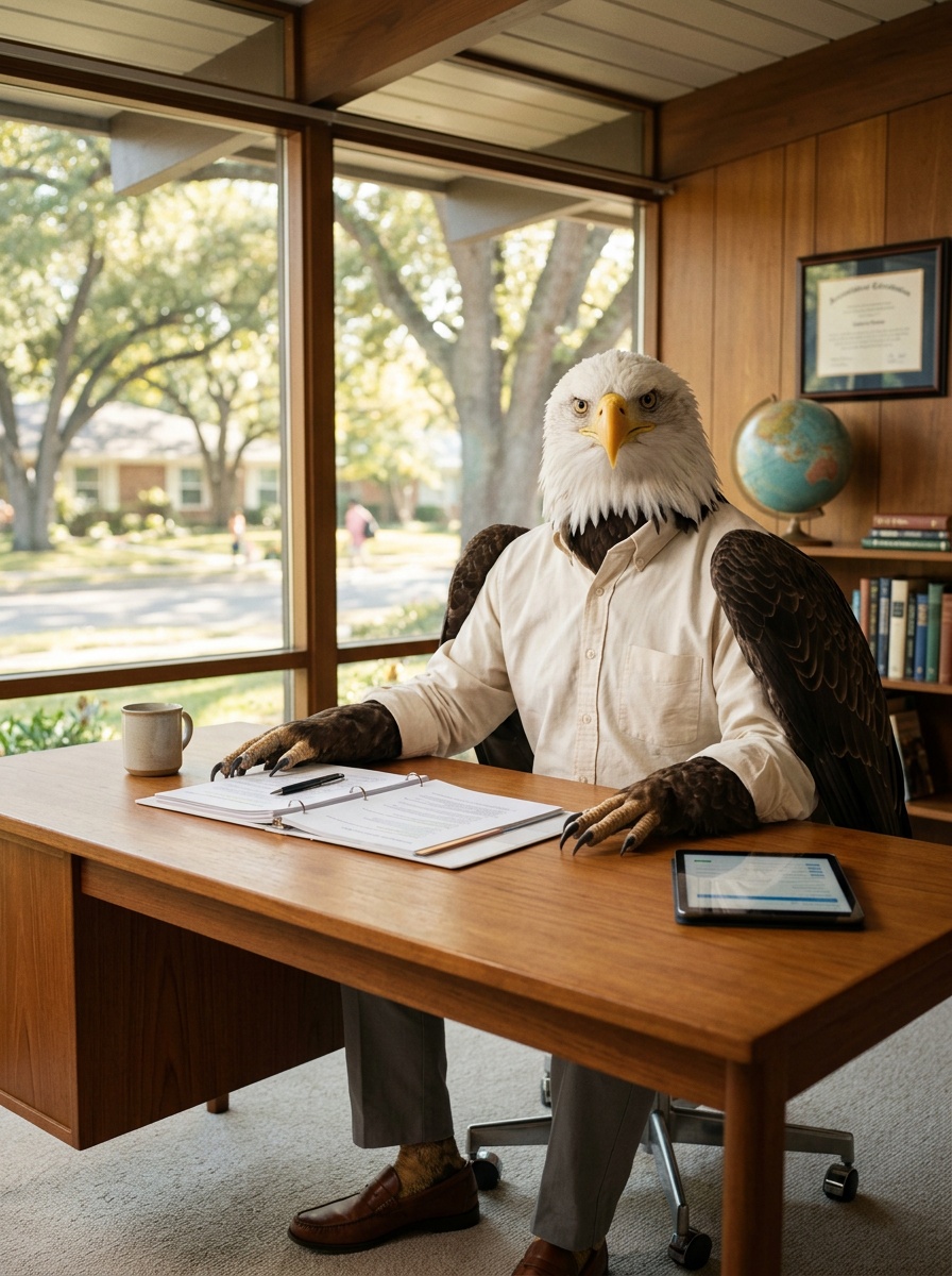 Lakewood K-12 online home school curriculum. Eagle in a 1950s Lakewood ranch home interior with a wide picture window looking onto an oak-lined street.