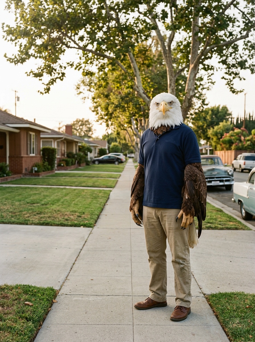 Lakewood K-12 online home school. Eagle, Head of School, on a Lakewood postwar ranch-home street at warm late-afternoon golden hour with mature California sycamores arching over the sidewalks.