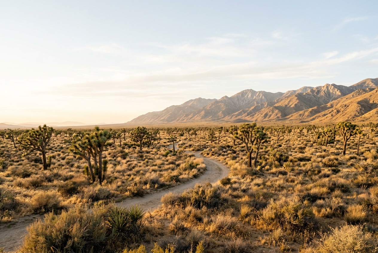 The Antelope Valley high desert around Lancaster at golden hour, Joshua trees on the open plain with the San Gabriel Mountains beyond.
