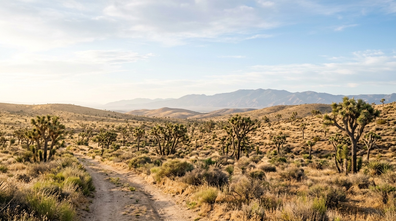 The high desert plain near Lancaster in soft morning light, rolling golden hills and Joshua trees under a wide Antelope Valley sky.