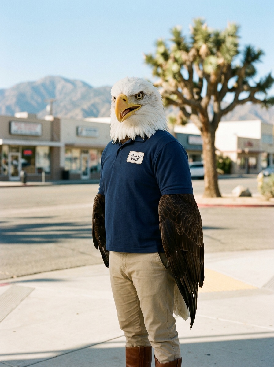 Lancaster K-12 online home school. Eagle, Head of School, on a downtown Lancaster sidewalk in warm morning light, the high desert and the San Gabriel Mountains behind him.