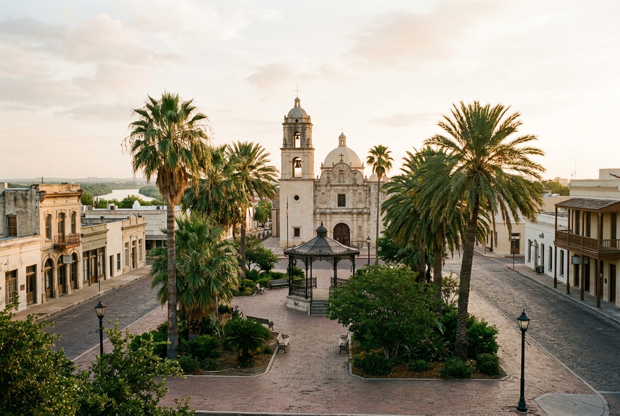 Laredo online home school K-12: historic San Agustin Plaza and cathedral in downtown Laredo, Texas near the Rio Grande.