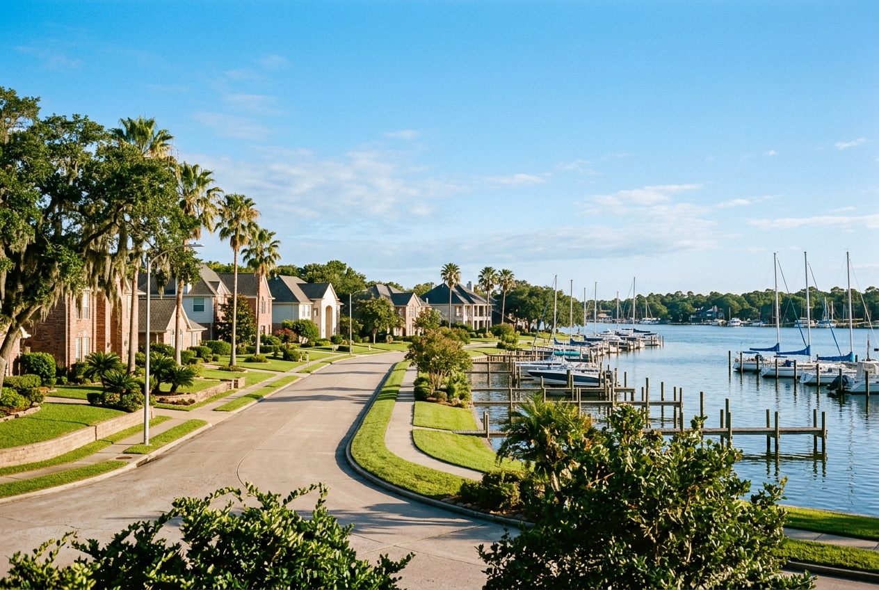 League City online home school K-12: a waterfront suburban street in League City, Texas, in the Houston Bay Area near Clear Lake.
