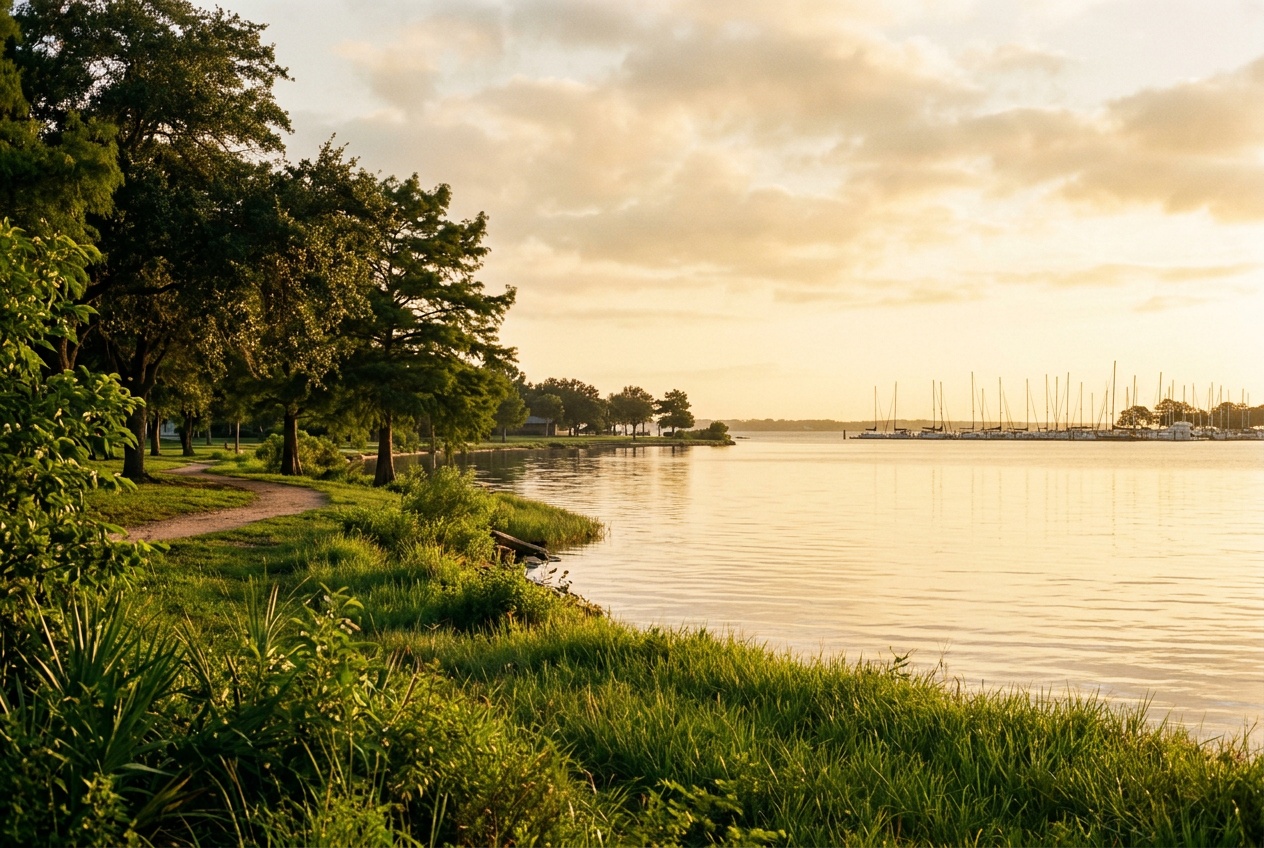 League City Texas online homeschool: a calm Clear Lake waterfront park in League City, Texas, in the Houston Bay Area.