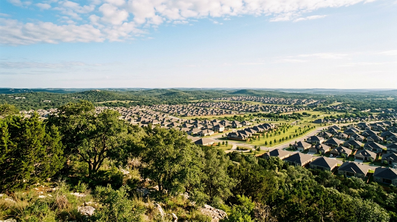 Leander online home school K-12: a green Hill Country ridge above a growing northwest Austin suburb in Leander, Texas.