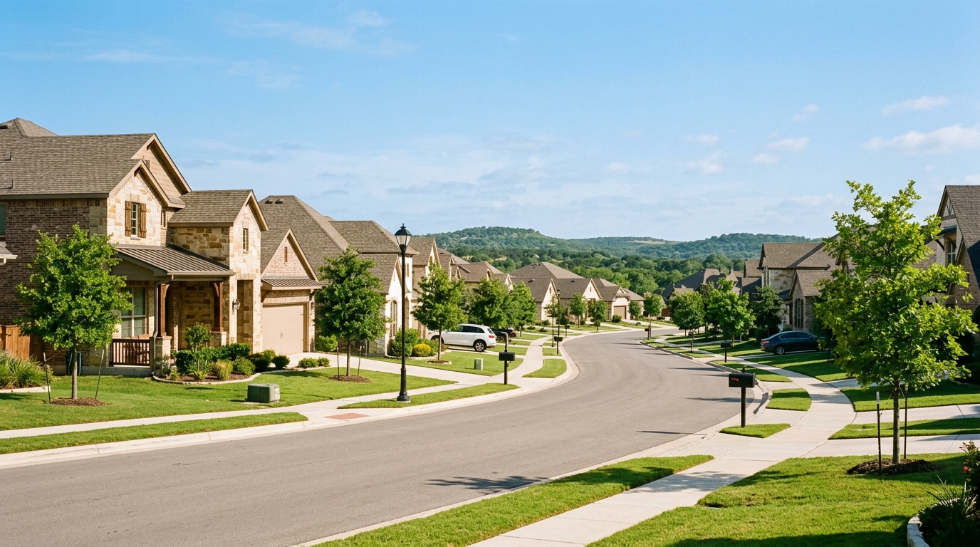 Leander Texas online homeschool: a newer master-planned neighborhood with stone-and-brick homes in Leander, Texas.
