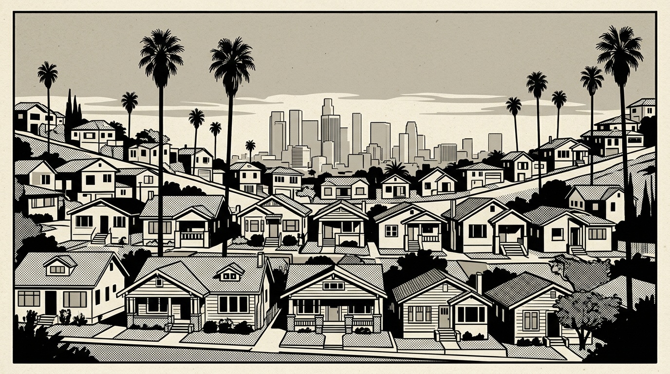 A newsprint-style illustration of a Los Angeles hillside neighborhood, bungalow and craftsman homes under palms.