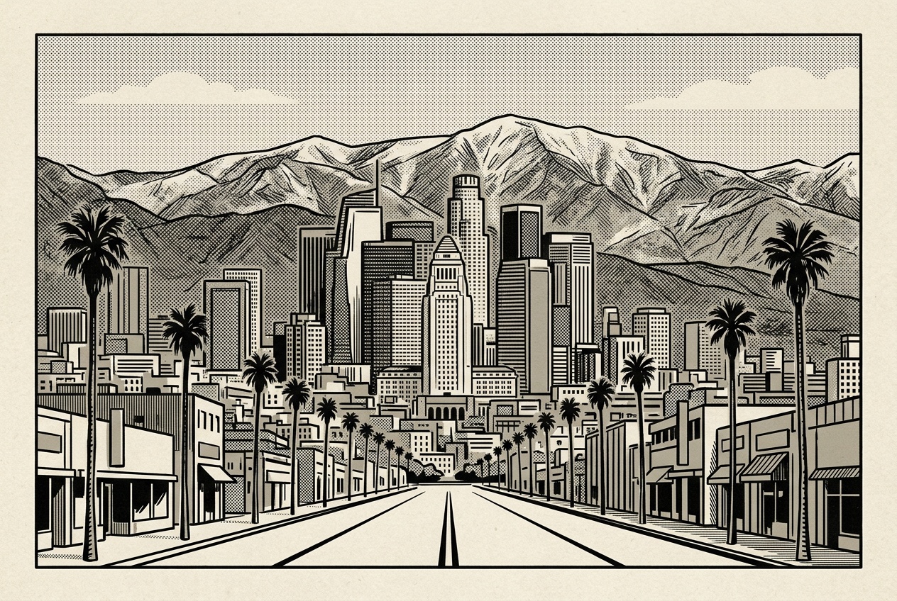 A newsprint-style illustration of the Los Angeles skyline and a palm-lined boulevard with the mountains beyond.