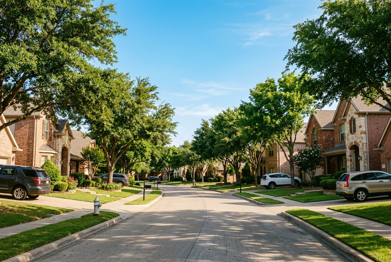 Mansfield online home school K-12: an established suburban tree-lined street in Mansfield, Texas, in the southern Dallas-Fort Worth metroplex.
