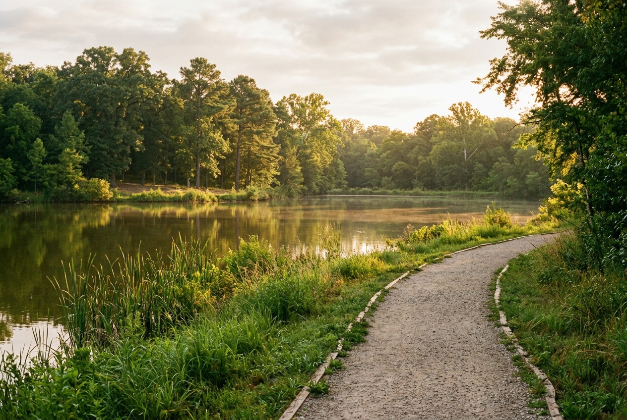 Mansfield Texas online homeschool: a green lakeside park trail in Mansfield, Texas, in North Texas.