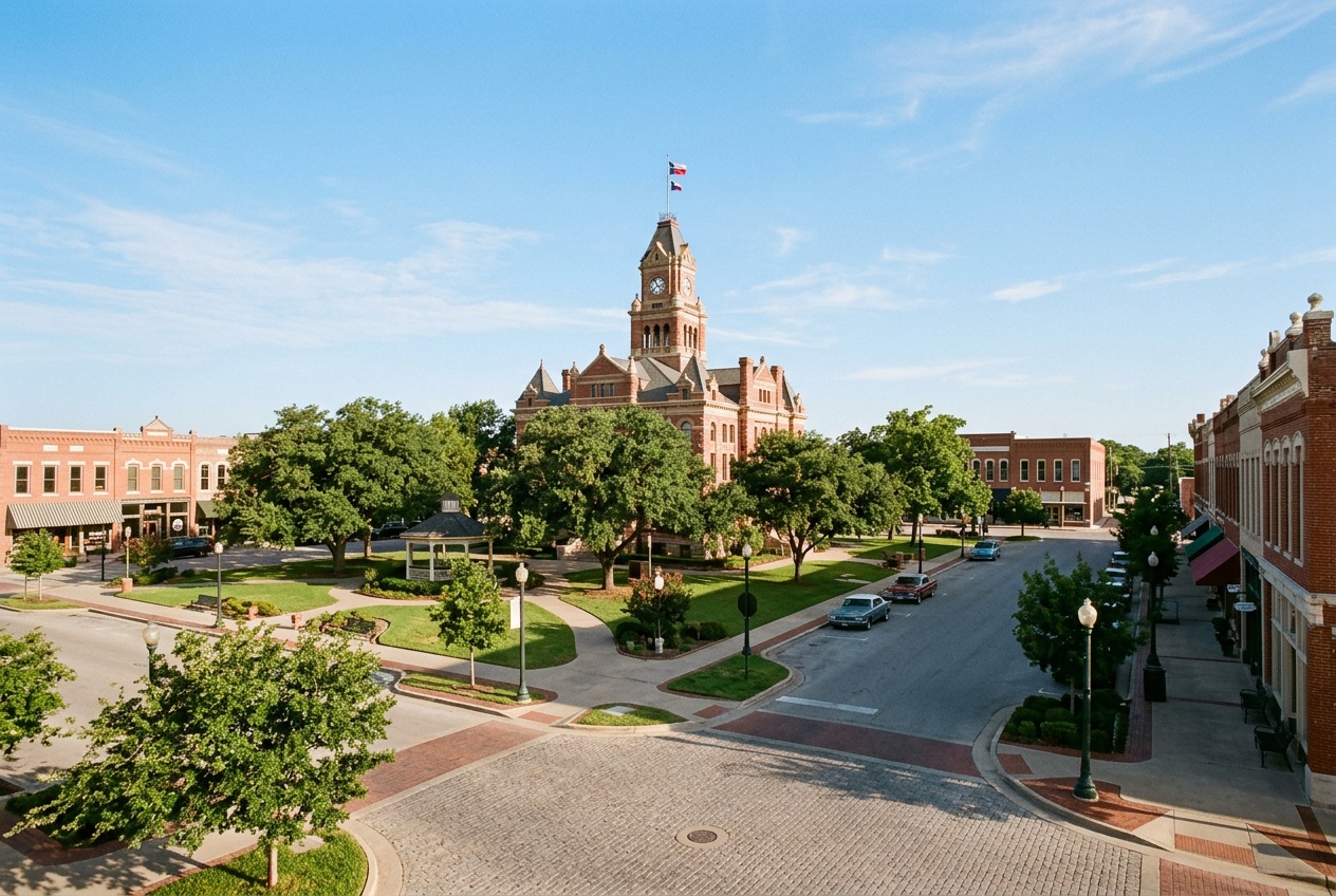 McKinney online home school K-12: the historic downtown square and 19th-century Collin County courthouse in McKinney, Texas