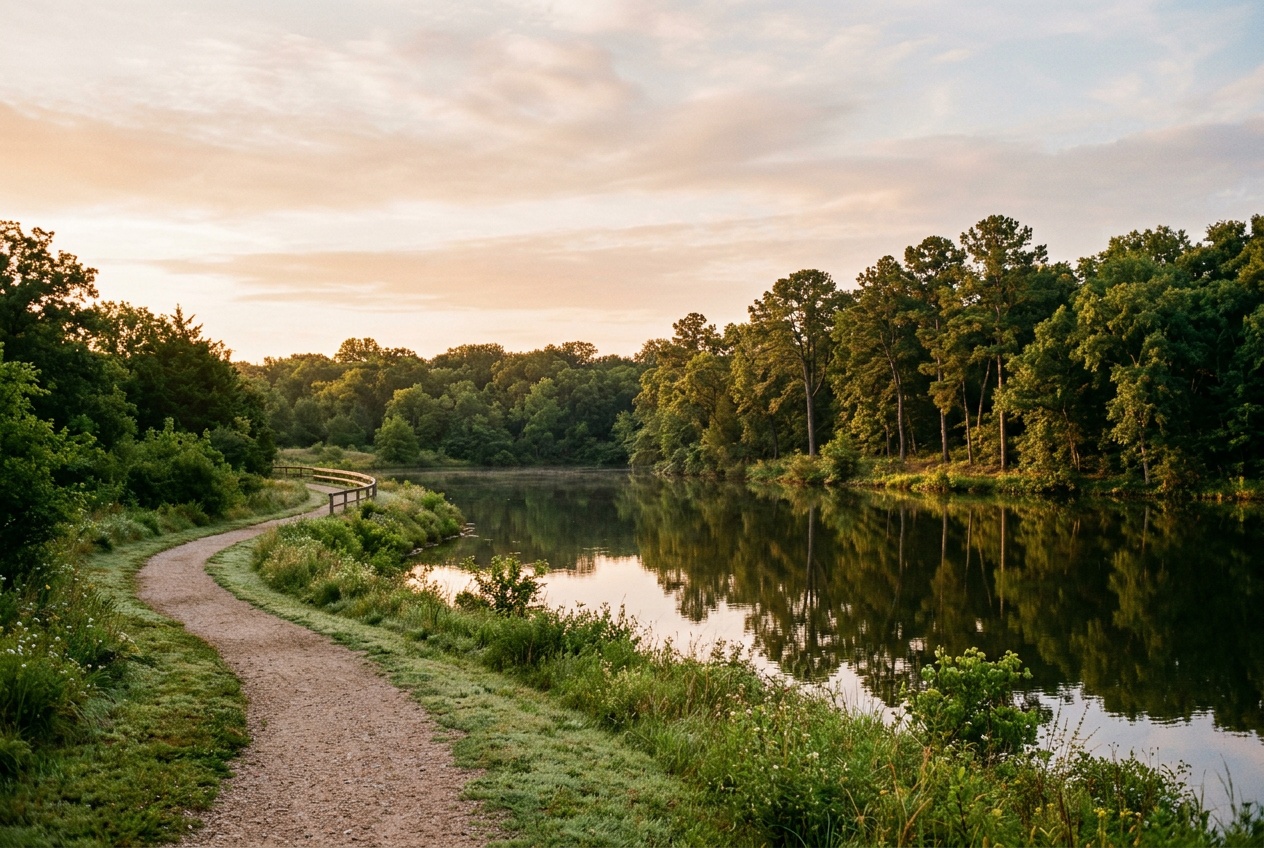 McKinney Texas online homeschool: a calm lake and wooded walking trail in a McKinney, Texas park in Collin County