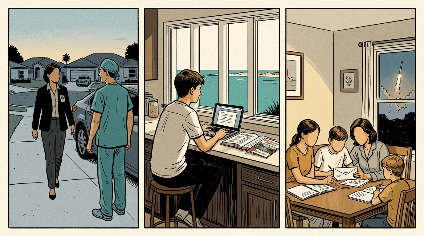 Melbourne FL online home school comic strip three panels showing aerospace shift worker family and competitive surfer student doing K-12 coursework on flexible schedule