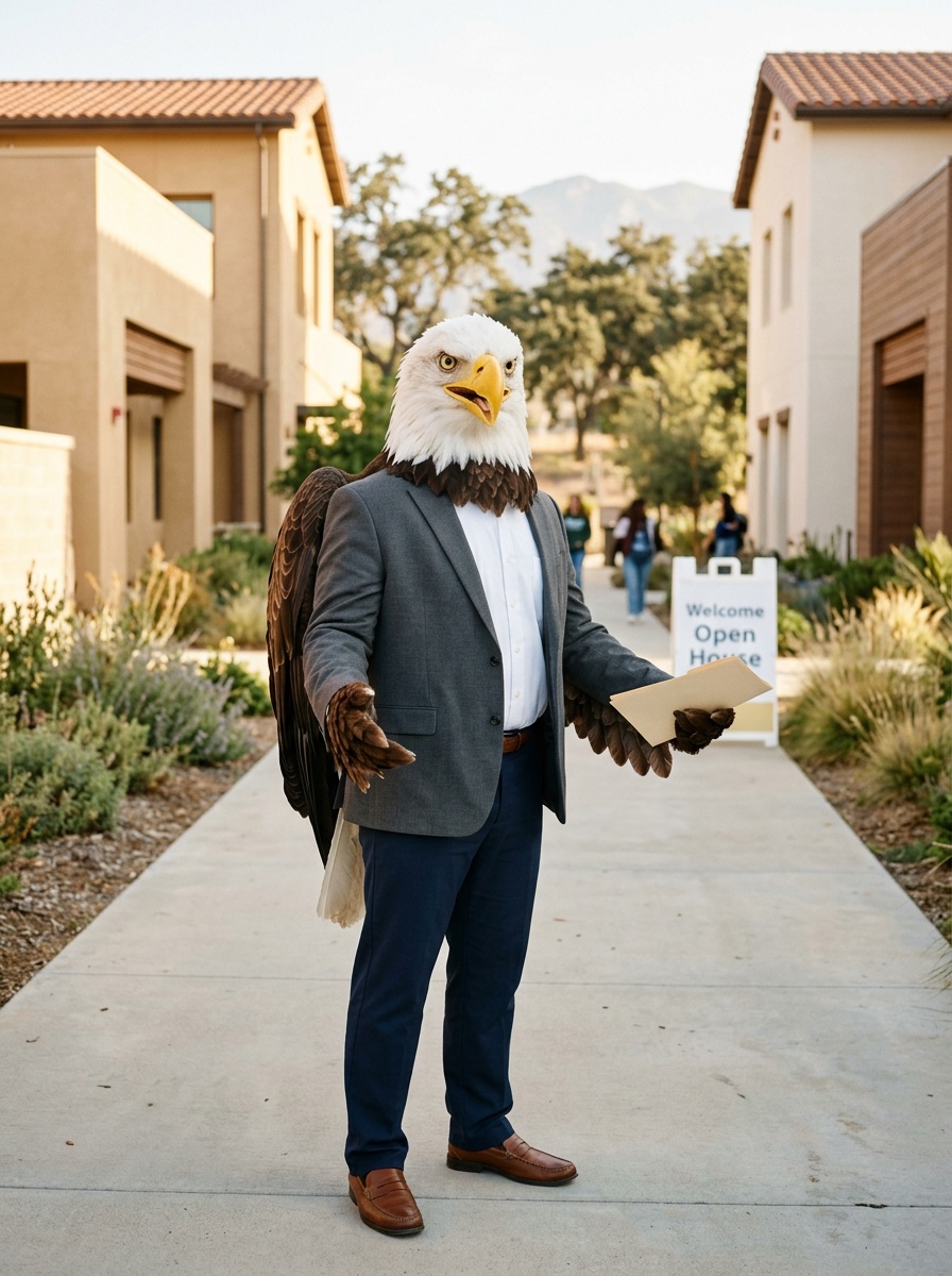 Menifee K-12 online home school accreditation. Eagle on a Mt. San Jacinto College Menifee Valley campus walkway with stucco architecture and California oak trees in soft focus.