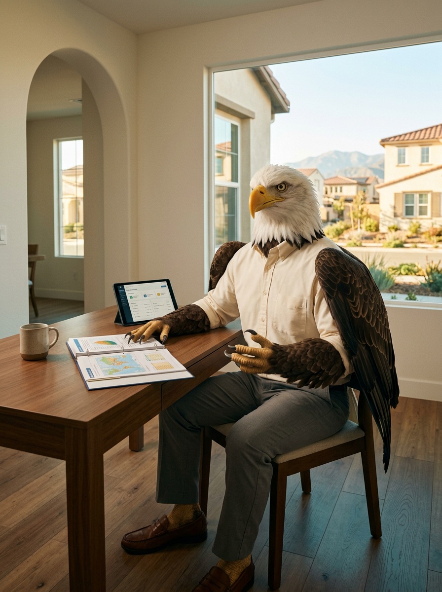 Menifee K-12 online home school curriculum. Eagle in a newer master-planned Spanish-modern home interior with open-floor-plan, clean stucco arches, warm wood floors, and a picture window looking onto a Menifee neighborhood.