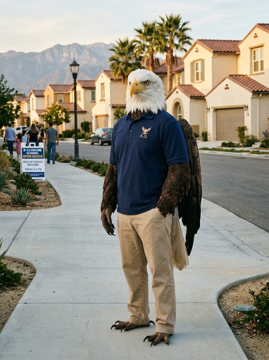 Menifee K-12 online home school. Eagle, Head of School, on a Menifee Lakes master-planned street with Spanish-tile-roof single-family homes, palm trees, and Mt. San Jacinto Mountains in the distance at warm afternoon light.