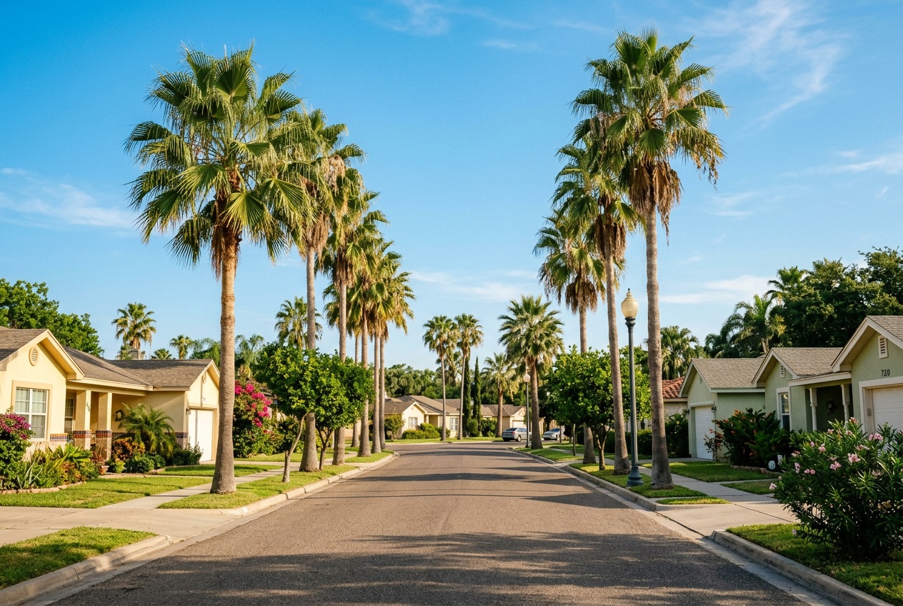 Mission online home school K-12: a sunlit palm-lined residential street in Mission, Texas, in the Rio Grande Valley.