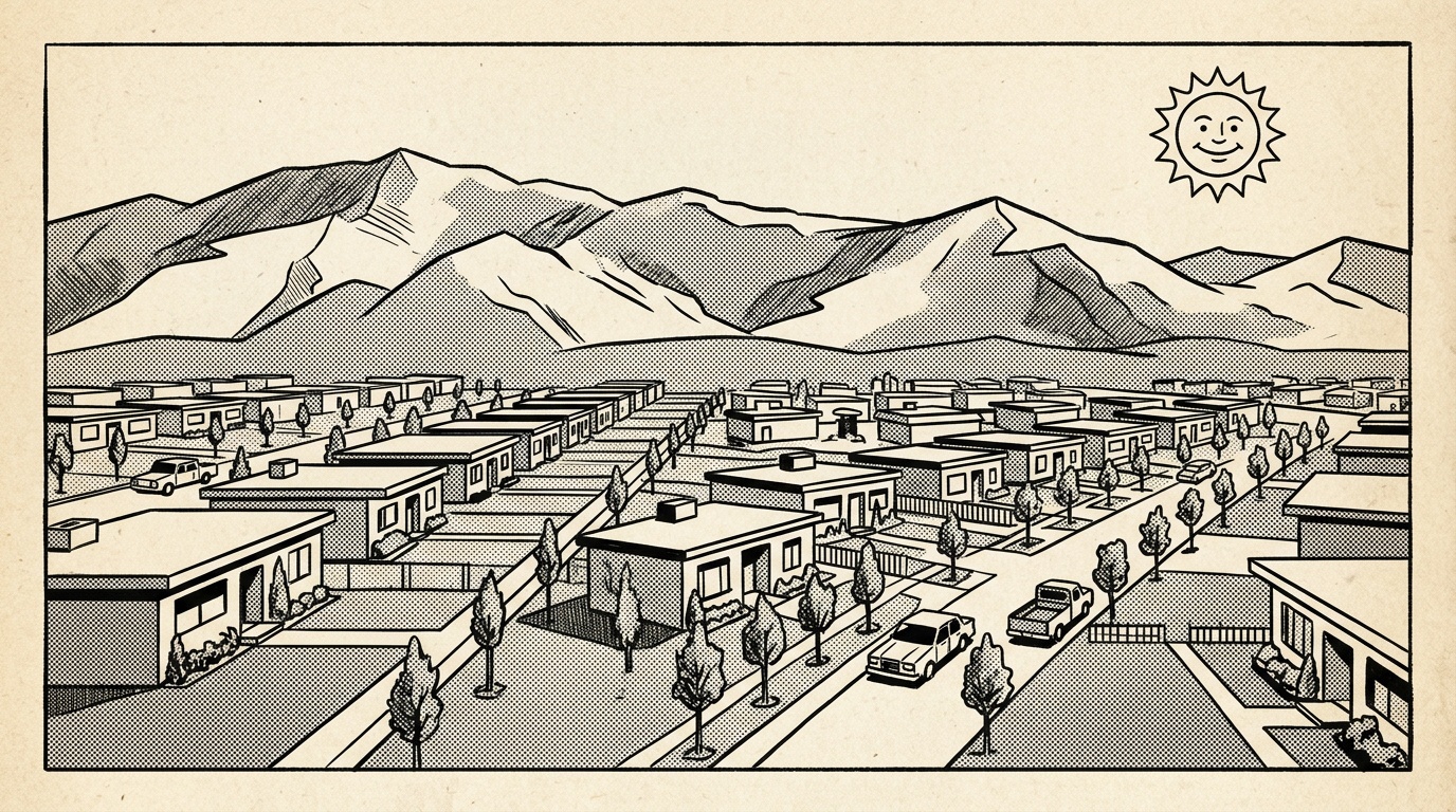 A newsprint-style illustration of a Moreno Valley neighborhood, flat-roofed homes with the mountains rising beyond.