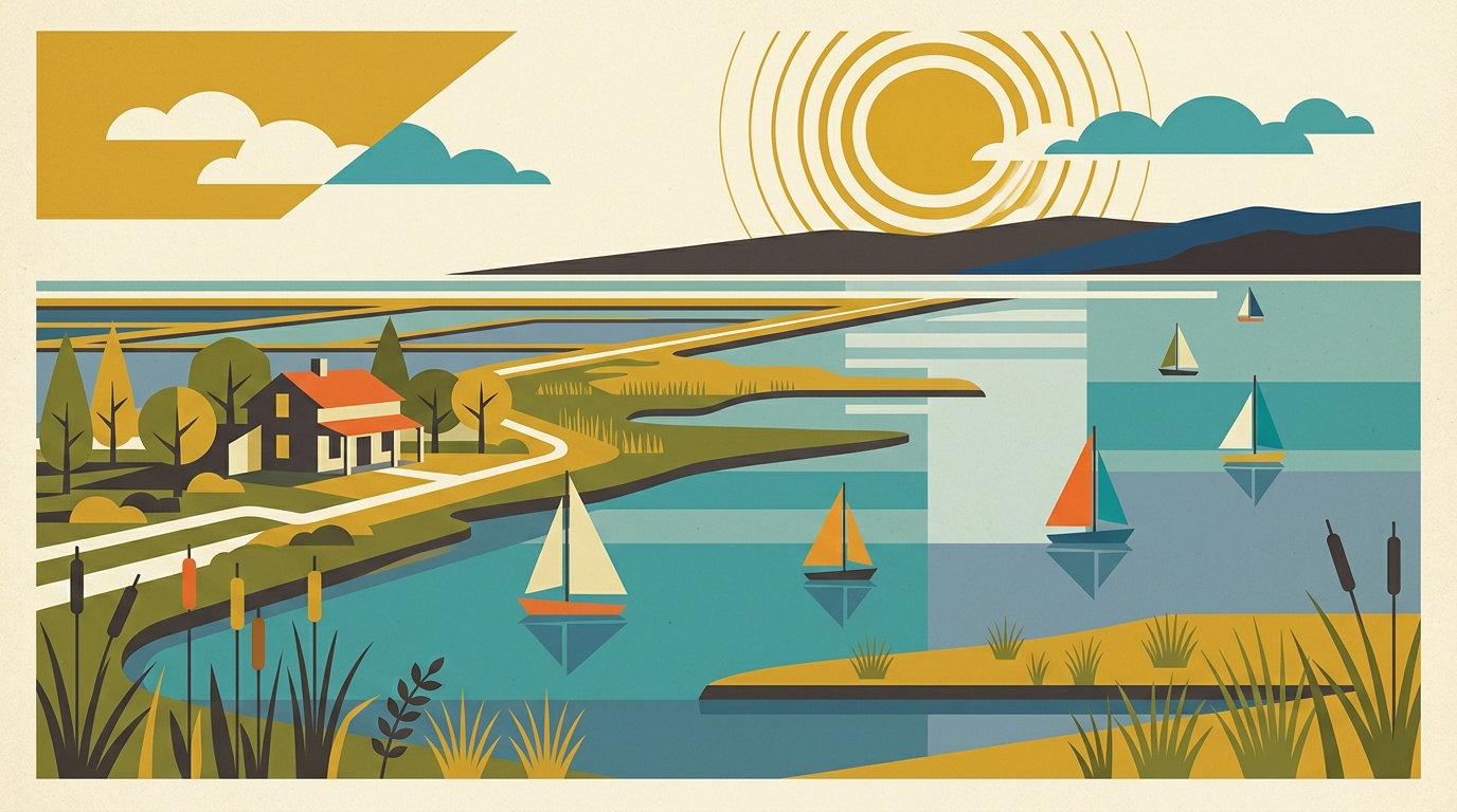 A mid-century-modern illustration of the Mountain View baylands, calm South Bay marsh and water with hills beyond under a clean geometric sky.