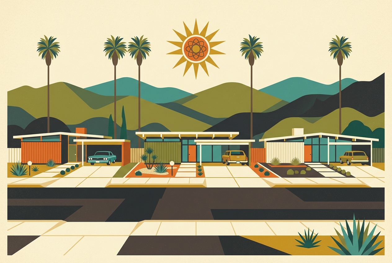 A mid-century-modern illustration of an Eichler neighborhood in Mountain View, flat-roofed homes with glass walls, tall palms, and the foothills under a warm geometric sky.
