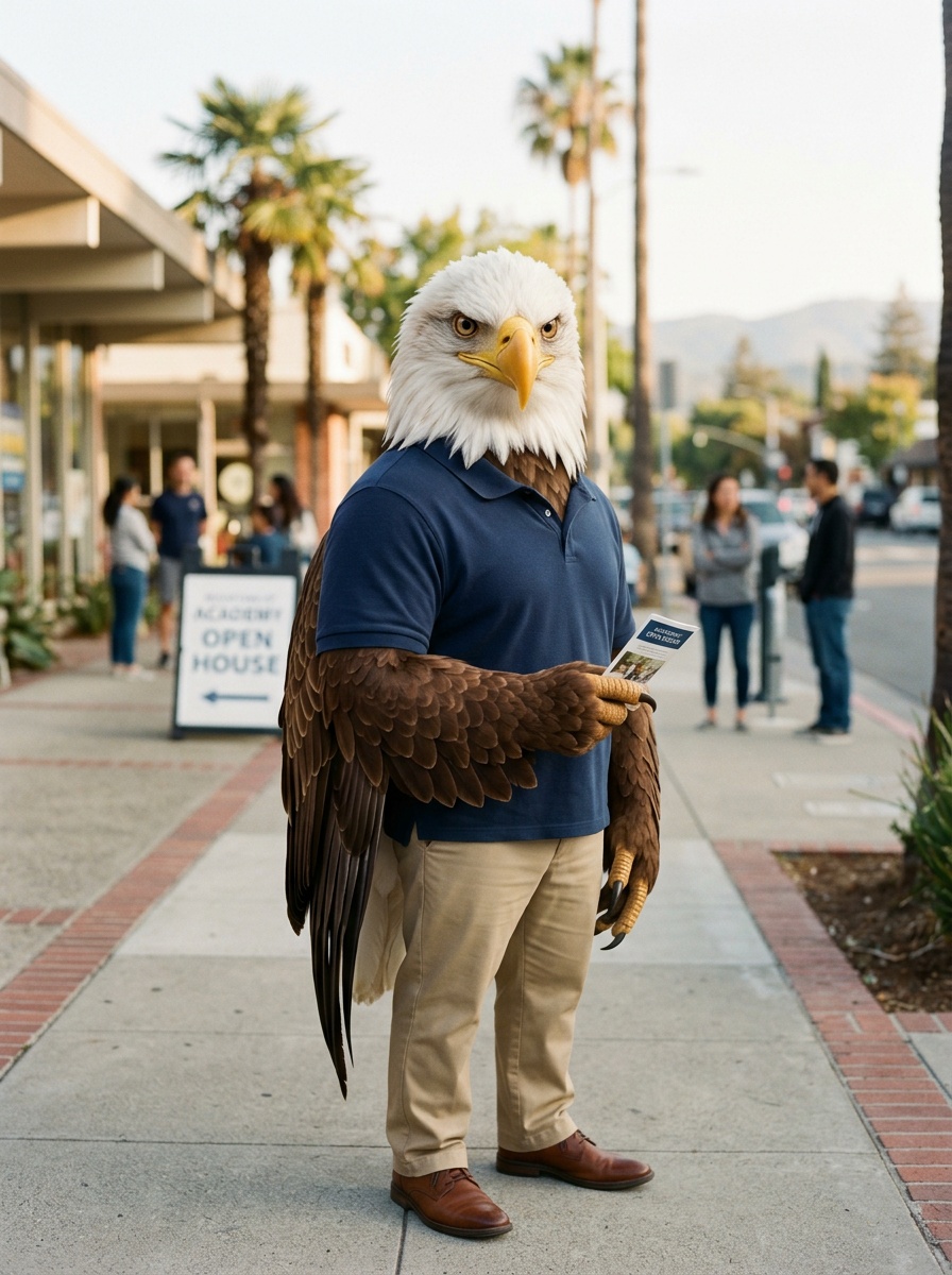 Mountain View K-12 online home school. Eagle, Head of School, on a clean downtown Mountain View sidewalk in warm morning light, low mid-century storefronts and palms behind him.