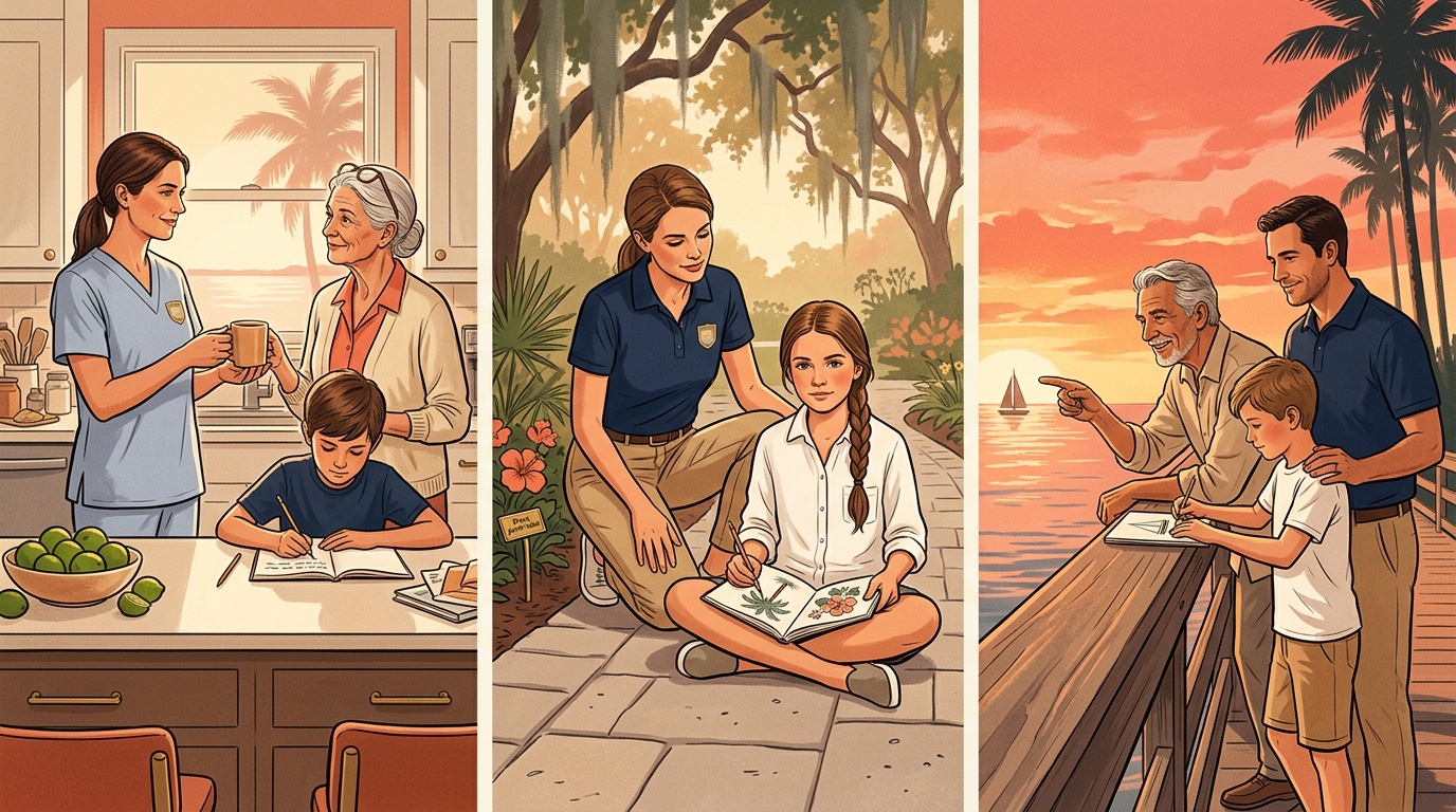 Naples K-12 online home school comic strip: NCH Healthcare shift handoff at a Naples kitchen, Naples Botanical Garden morning sketch, and Naples Pier sunset family with three generations