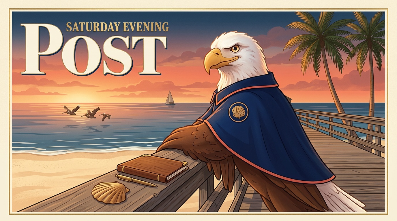 Naples K-12 online home school Eagle illustration on the historic Naples Pier at golden hour with pelicans gliding over the Gulf, royal palms flanking, and a single sailboat on the horizon