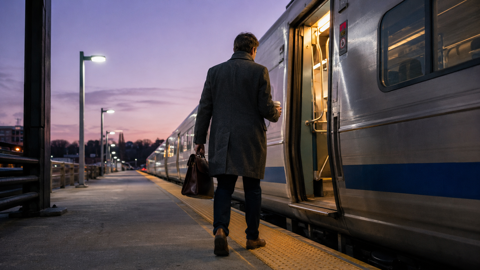 New Rochelle Metro-North commuter at dawn boarding the train to Grand Central, briefcase in hand, lavender pre-dawn sky
