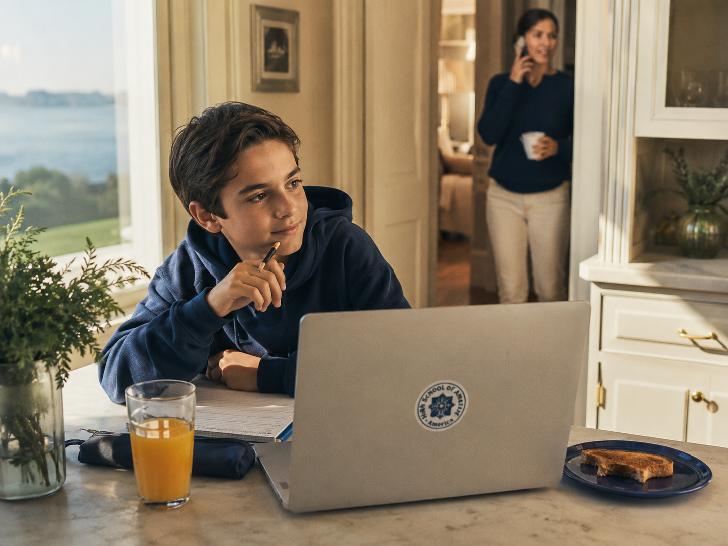 New Rochelle 8th grader at home kitchen counter on a weekday morning with open laptop carrying a High School of America logo sticker, glass of orange juice and toast, mom on a phone call in soft focus background