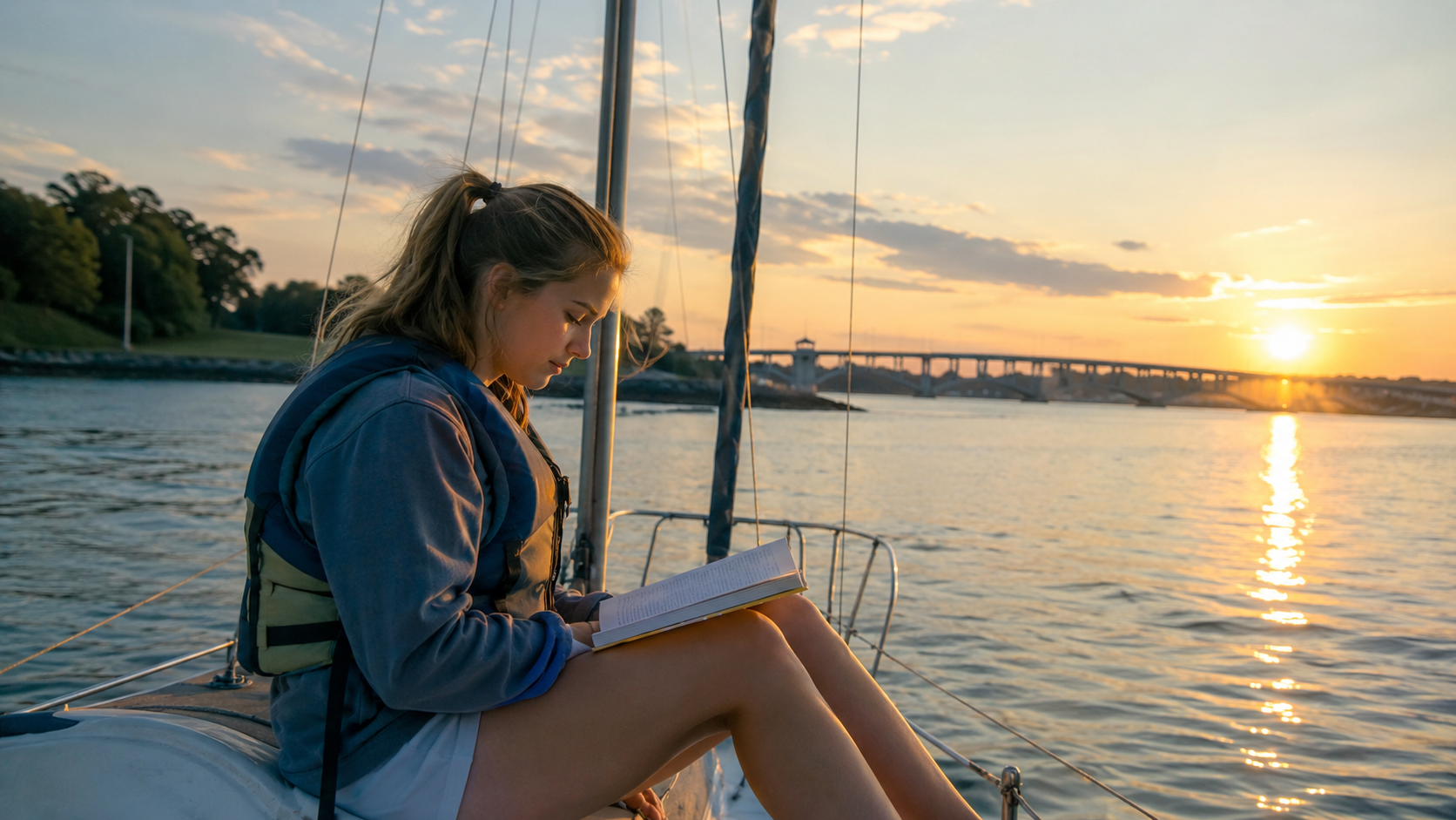New Rochelle teenager in life jacket on the bow of a small sailboat at golden hour on Long Island Sound with a notebook open in their lap