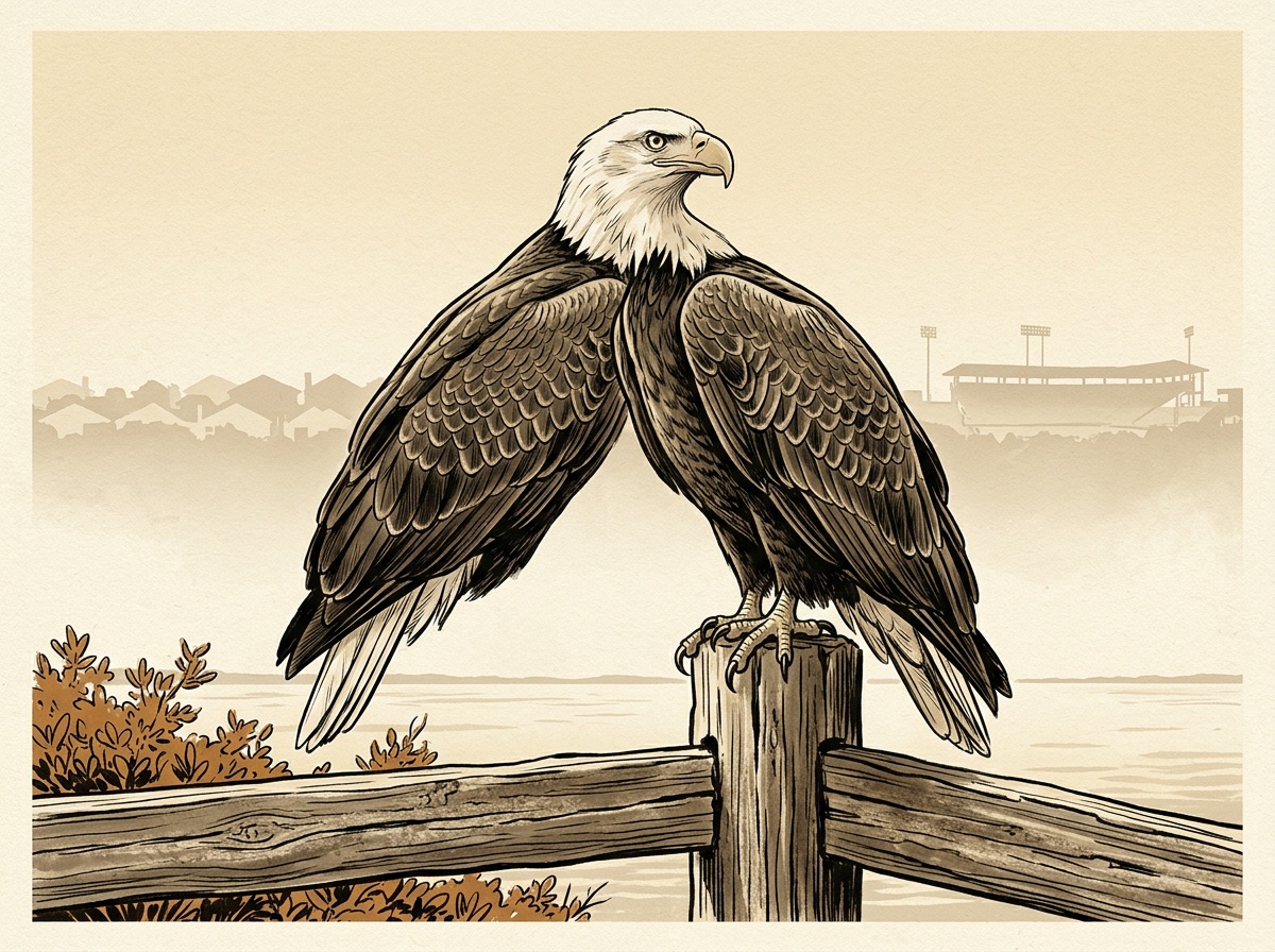 North Port Florida online K-12 school Eagle perched on a weathered cypress fence rail at the edge of the Myakka River bottomland at golden hour with Wellen Park master-planned subdivision rooftops and Atlanta Braves CoolToday Park grandstand in the distant background