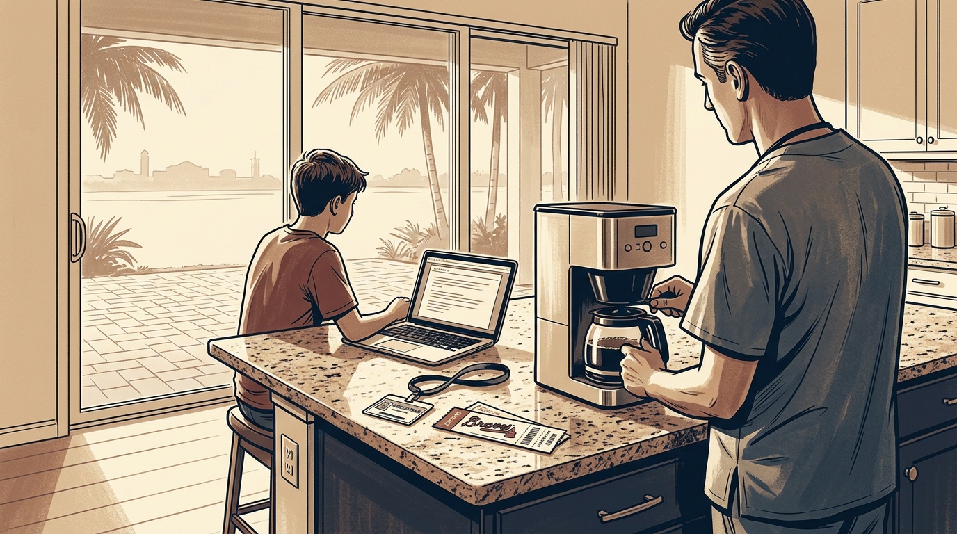 North Port Florida K-12 online home school student studying at home in a Wellen Park IslandWalk master-planned-community kitchen at pre-dawn with a Sarasota Memorial North Port Hospital ICU nurse parent and an Atlanta Braves CoolToday Park ticket stub on the counter