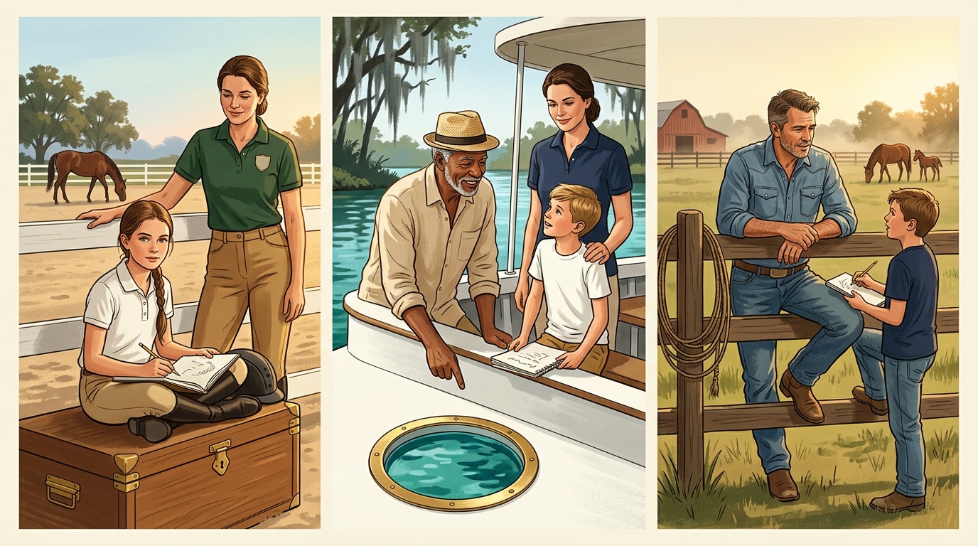 Ocala K-12 online home school comic strip: show-circuit warm-up area with daughter on a tack trunk, Silver Springs glass-bottom-boat morning with grandfather and grandkid, working ranch fence-rail homework with dad and son