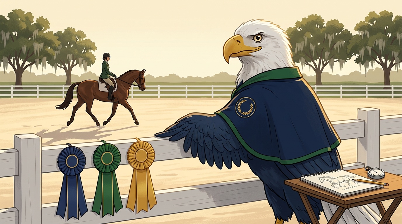 Ocala K-12 online home school Eagle illustration at an equestrian show ring rail with a working horse in the distance and live-oak trees draped in Spanish moss on the horizon