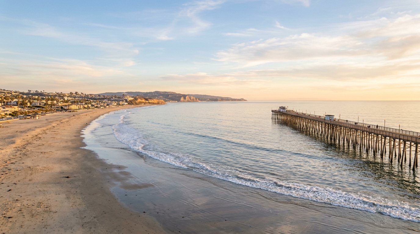 The Oceanside, California coastline and historic wooden pier at golden hour, the Pacific calm and the beach stretching north toward the bluffs.