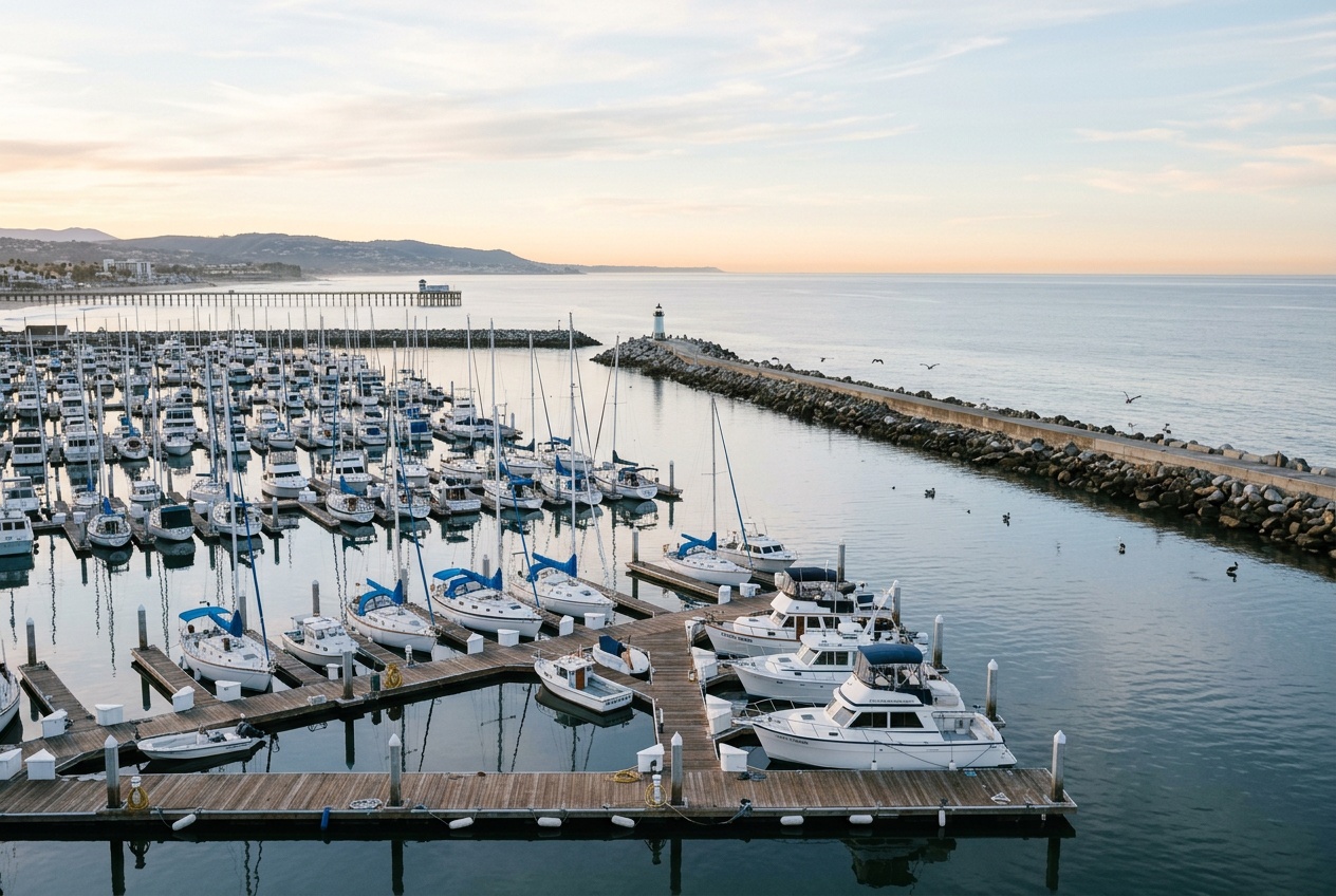 The Oceanside Harbor in early-morning light, boats at their slips along the docks, the breakwater and the open Pacific beyond.