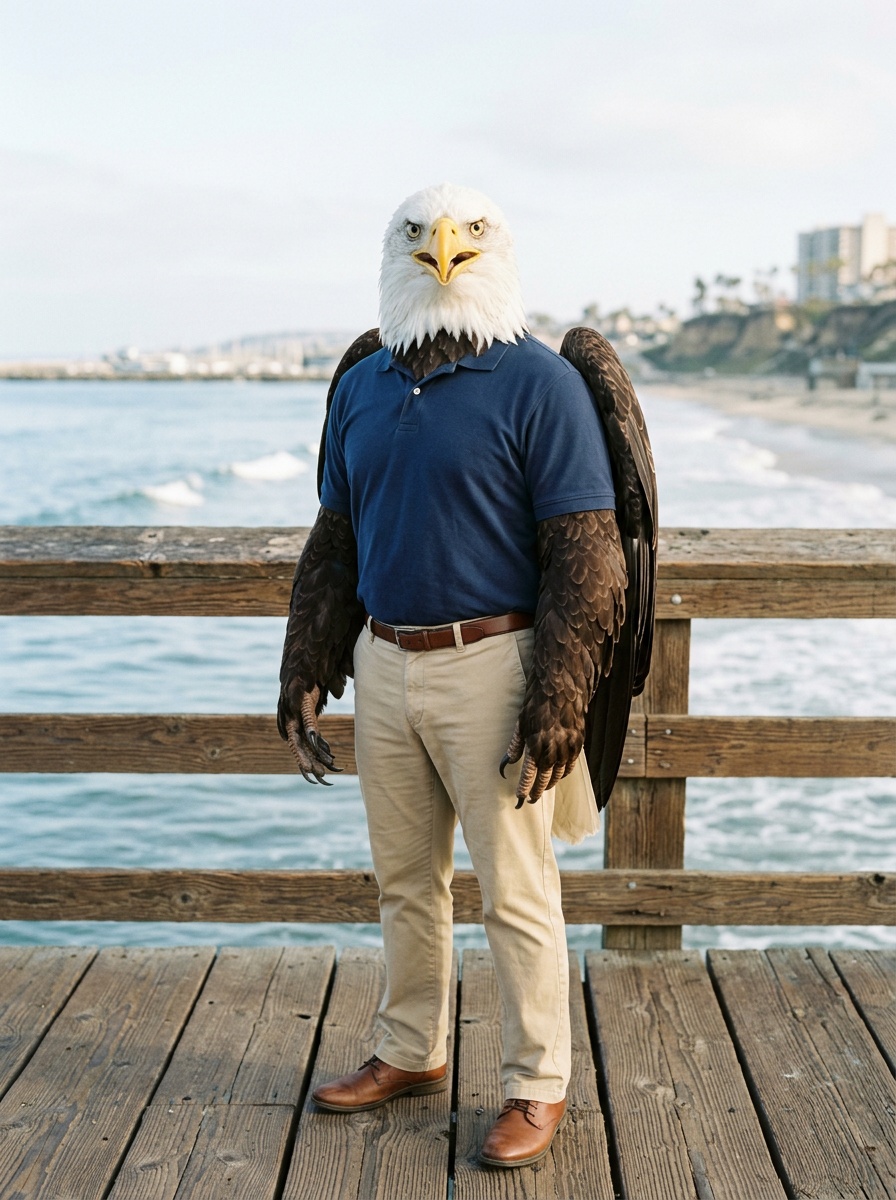 Oceanside K-12 online home school. Eagle, Head of School, on the Oceanside Pier in the soft early-morning coastal light, with the wooden pier railing and the Pacific behind him and the California coastline curving north toward the bluffs.
