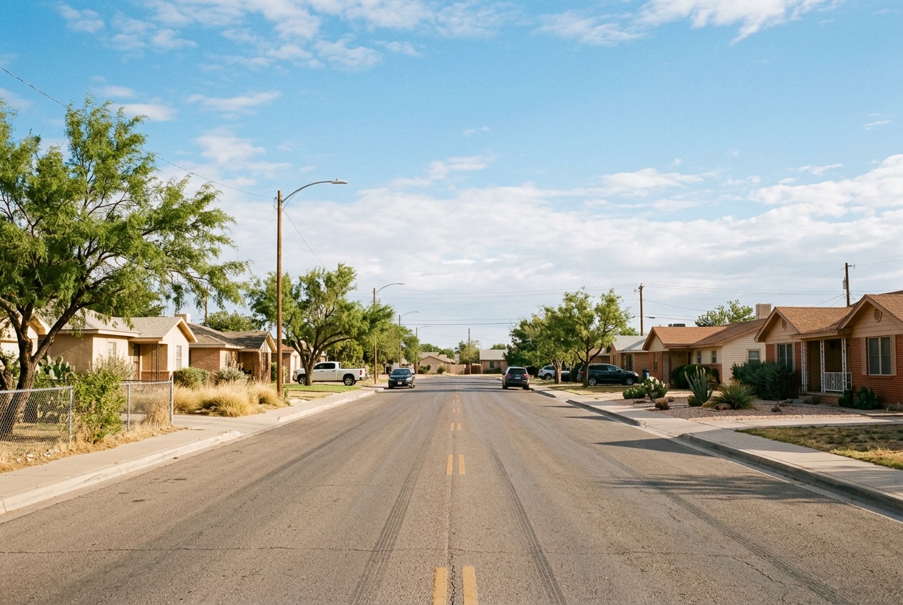 Odessa online home school K-12: a wide sunlit residential street in Odessa, Texas, in the West Texas Permian Basin.