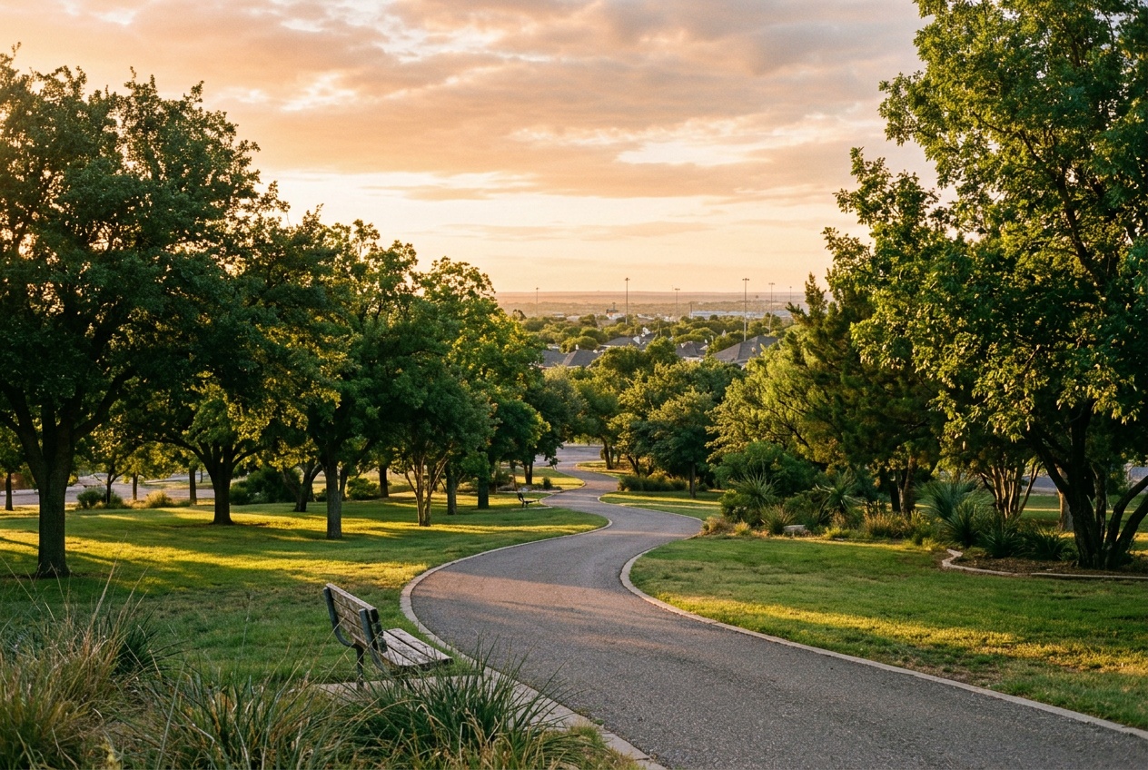 Odessa Texas online homeschool: a green city park with shade trees in Odessa, Texas, under a wide West Texas sky.
