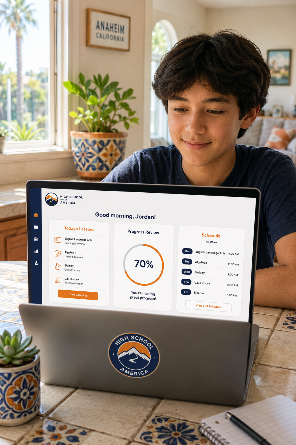 Online learning dashboard for Anaheim home school students with progress review and weekly schedule