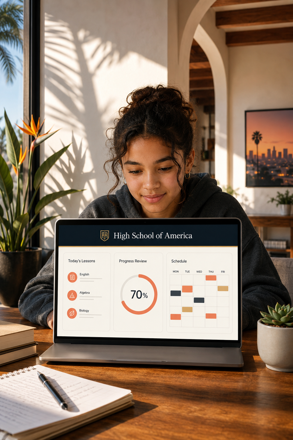 Online learning dashboard for Los Angeles home school students with progress review and weekly schedule