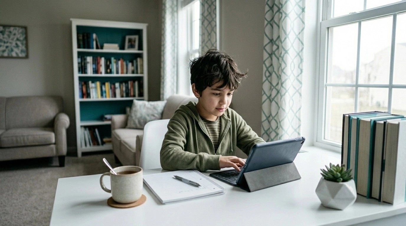 Student thriving in accredited online school environment, relieved from school anxiety