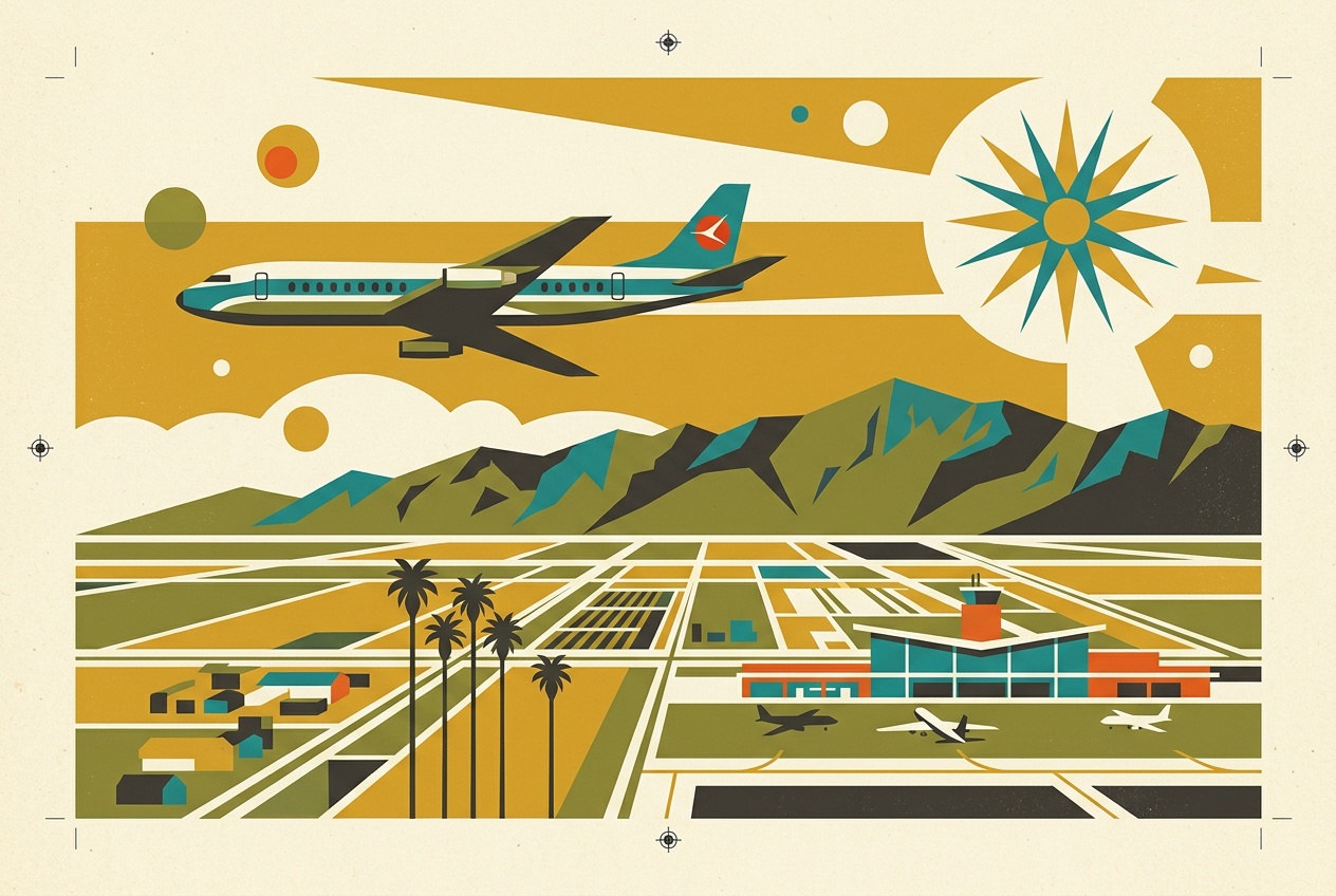 A mid-century jet-age illustration of Ontario aviation, a stylized jetliner and contrail over the Inland Empire with palms and mountains.