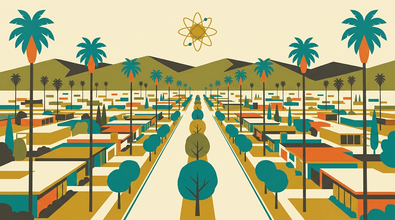 A mid-century-modern illustration of Ontario's Euclid Avenue, a wide tree-lined median boulevard with flat-roofed homes and mountains.
