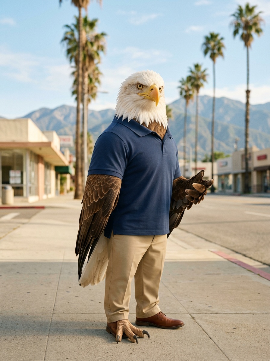 Ontario K-12 online home school. Eagle, Head of School, on a downtown Ontario sidewalk with palms and the San Gabriel Mountains.